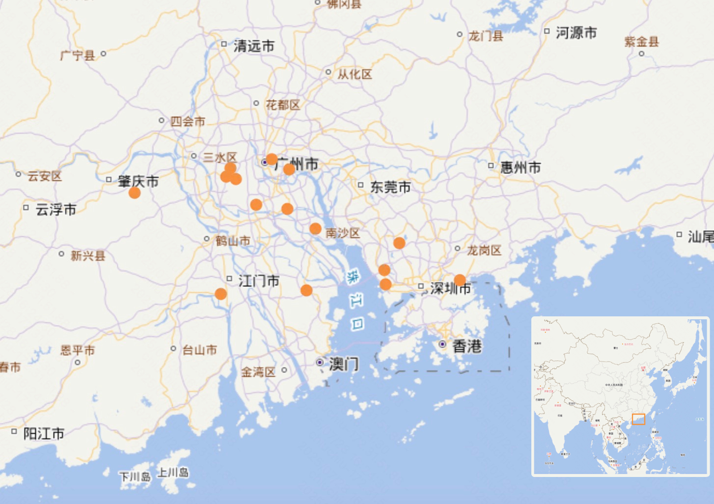 “广东院舍照顾服务计划”机构分布图（数据来源：香港特区政府社会福利署）
